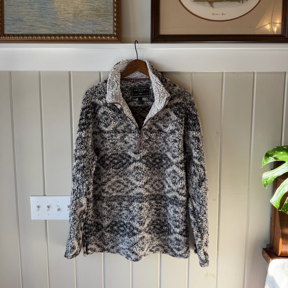 Women’s True Grit Black and White Patterned Teddy Jacket, 1/4 Zip, Size XL